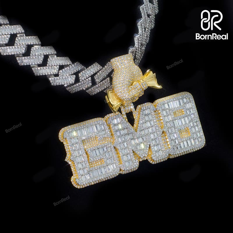 Custom Baguette Moissanite Logo Hip Hop Chain Iced Out Pendant For Men 