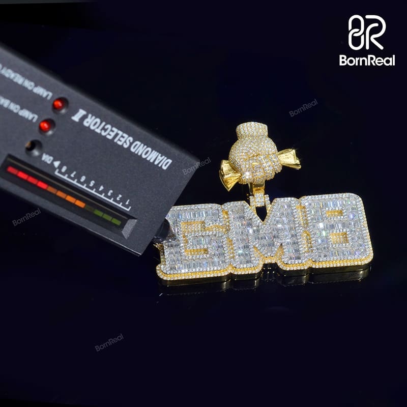 Custom Baguette Moissanite Logo Hip Hop Chain Iced Out Pendant For Men 