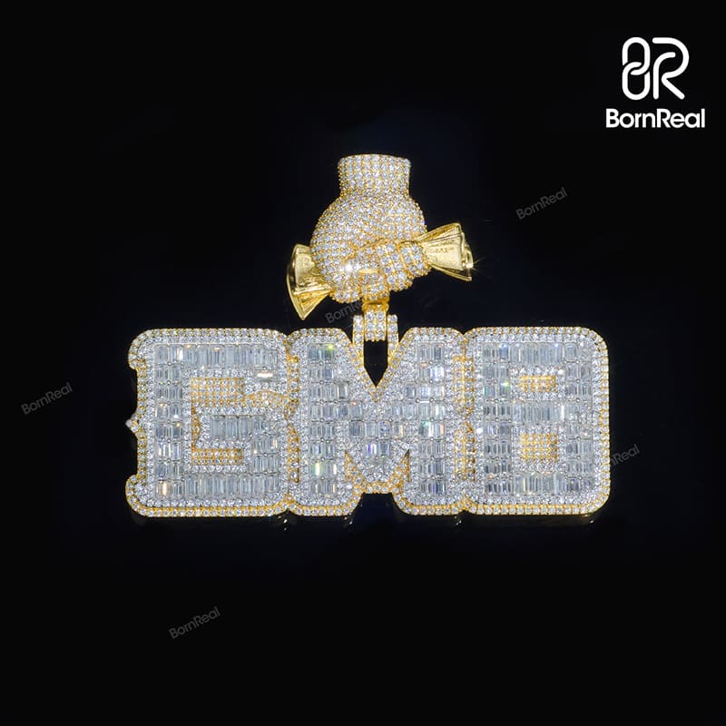 Custom Baguette Moissanite Logo Hip Hop Chain Iced Out Pendant For Men 
