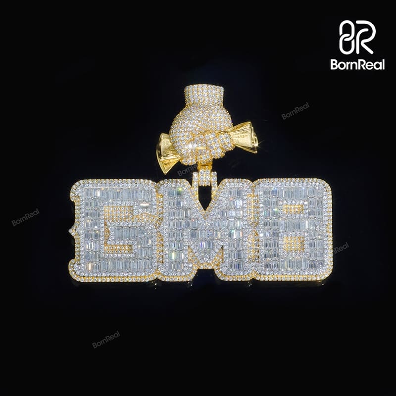 Custom Baguette Moissanite Logo Hip Hop Chain Iced Out Pendant For Men 