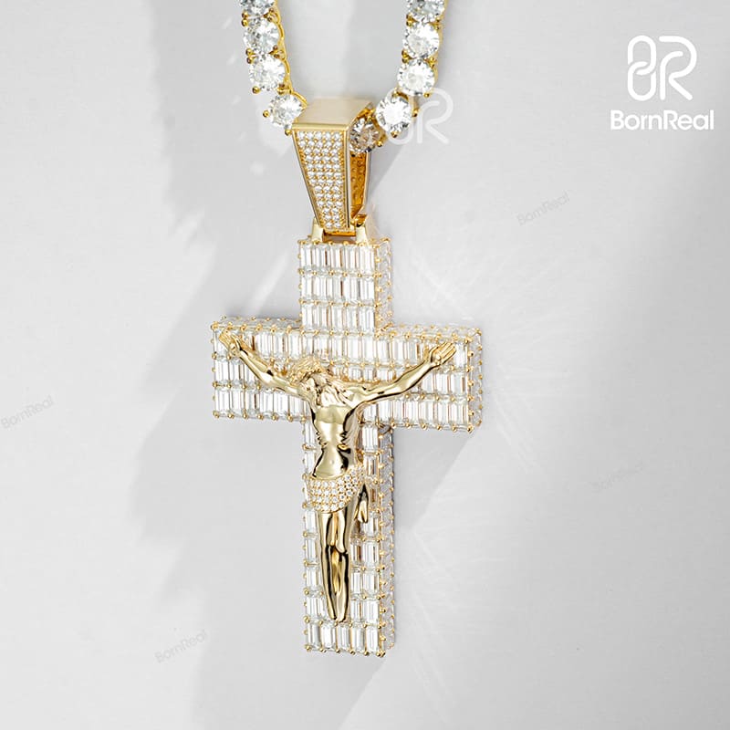 Custom Moissanite Catholic Cross Baguette Diamond S925 Silver Pendant