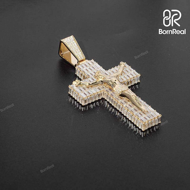 Custom Moissanite Catholic Cross Baguette Diamond S925 Silver Pendant