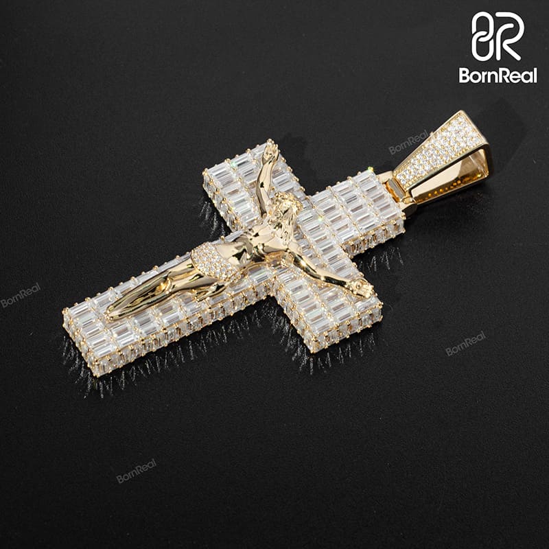Custom Moissanite Catholic Cross Baguette Diamond S925 Silver Pendant