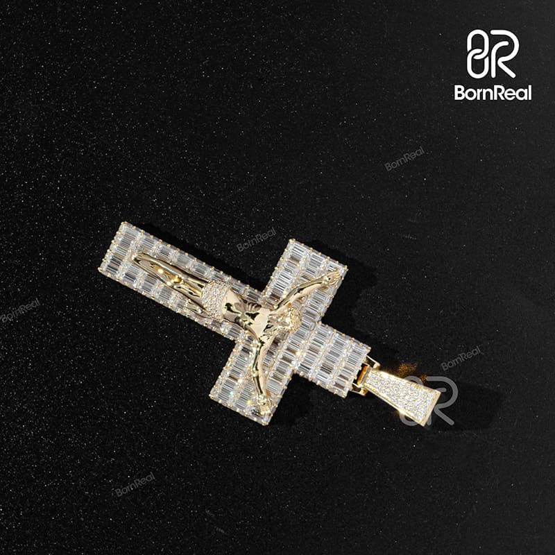 Custom Moissanite Catholic Cross Baguette Diamond S925 Silver Pendant