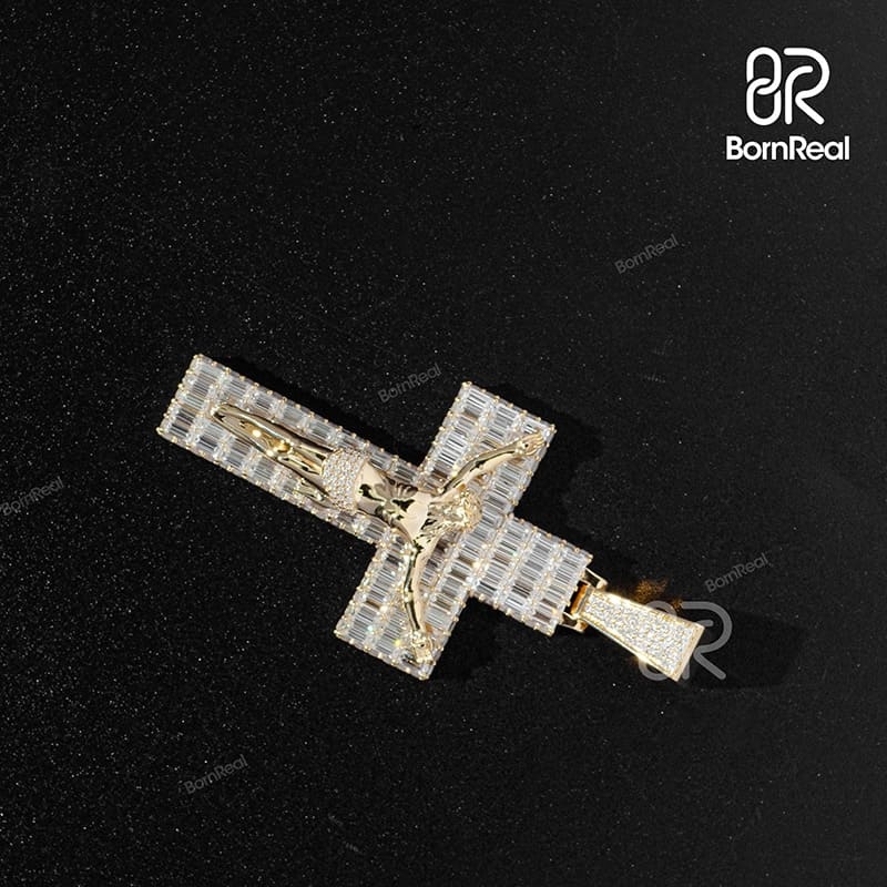 Custom Moissanite Catholic Cross Baguette Diamond S925 Silver Pendant