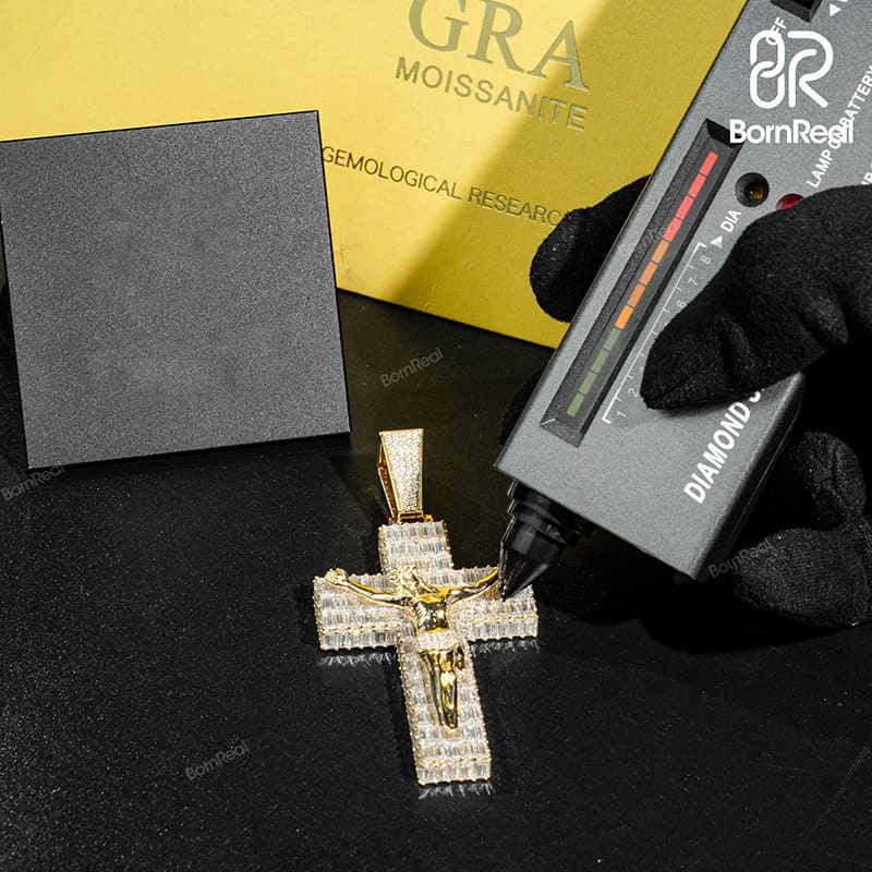 Custom Moissanite Catholic Cross Baguette Diamond S925 Silver Pendant