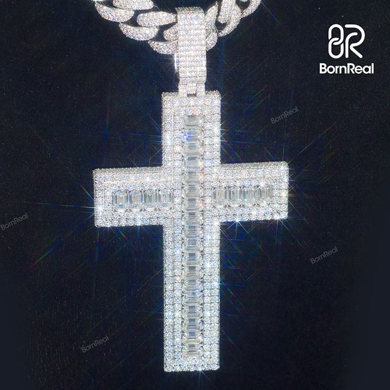 Custom S925 Silver Moissanite Catholic Cross Baguette Diamond Pendant