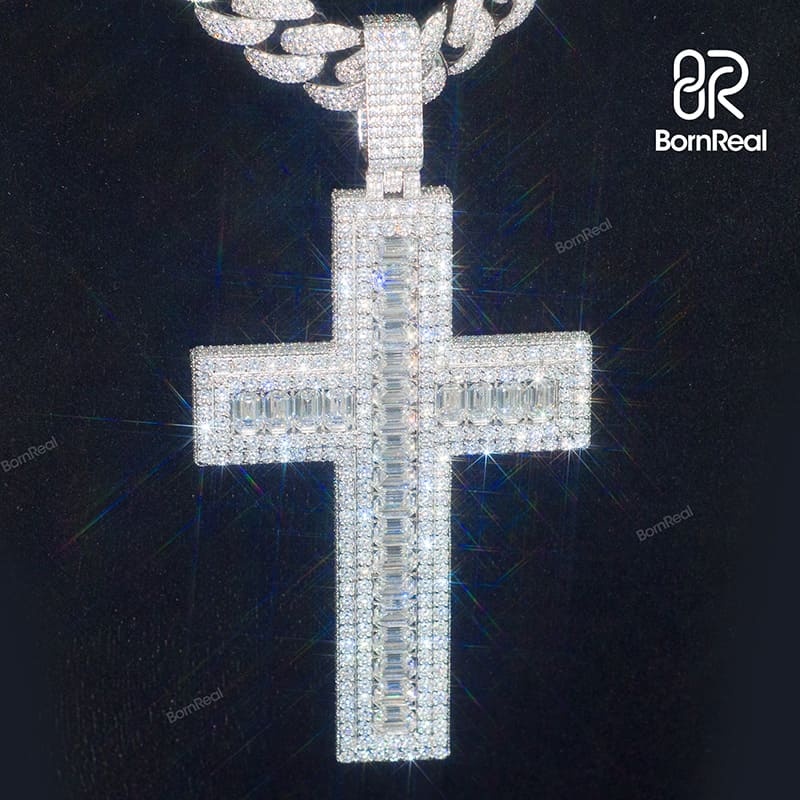 Custom S925 Silver Moissanite Catholic Cross Baguette Diamond Pendant