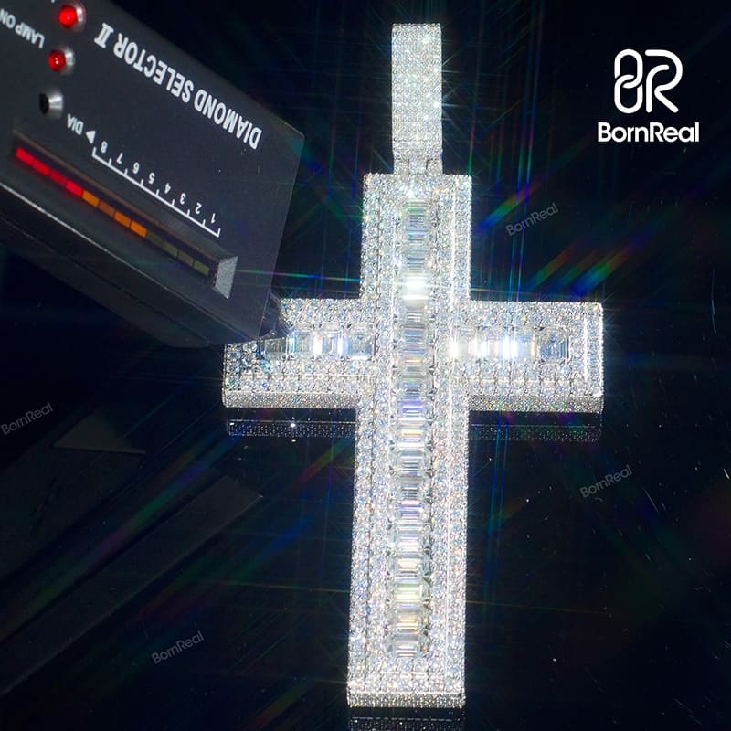 Custom S925 Silver Moissanite Catholic Cross Baguette Diamond Pendant