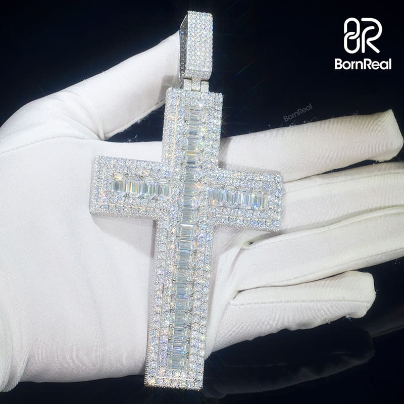 Custom S925 Silver Moissanite Catholic Cross Baguette Diamond Pendant