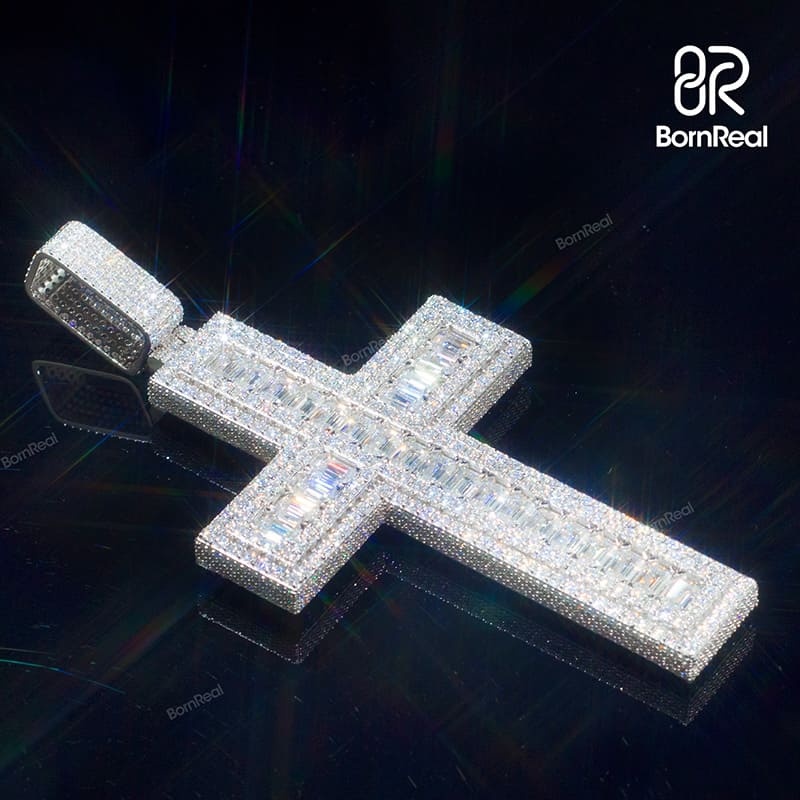 Custom S925 Silver Moissanite Catholic Cross Baguette Diamond Pendant