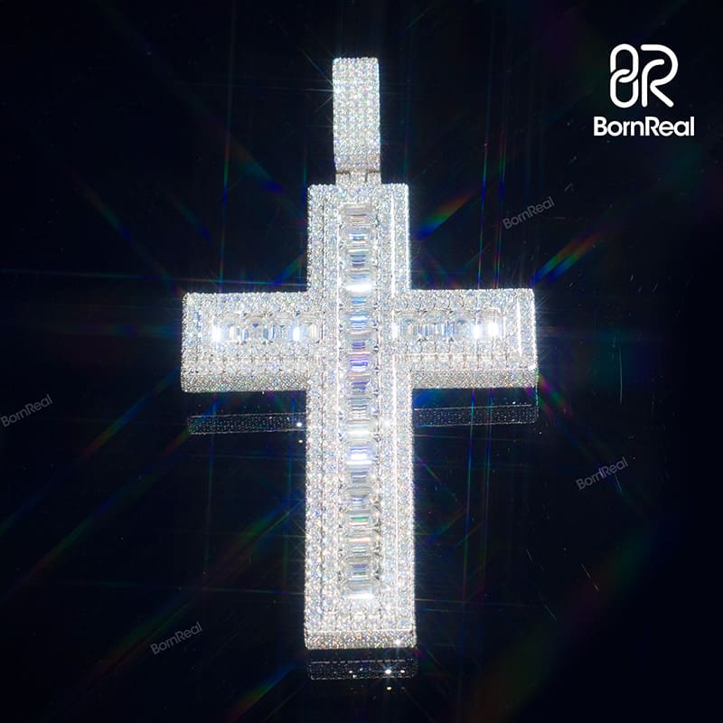 Custom S925 Silver Moissanite Catholic Cross Baguette Diamond Pendant