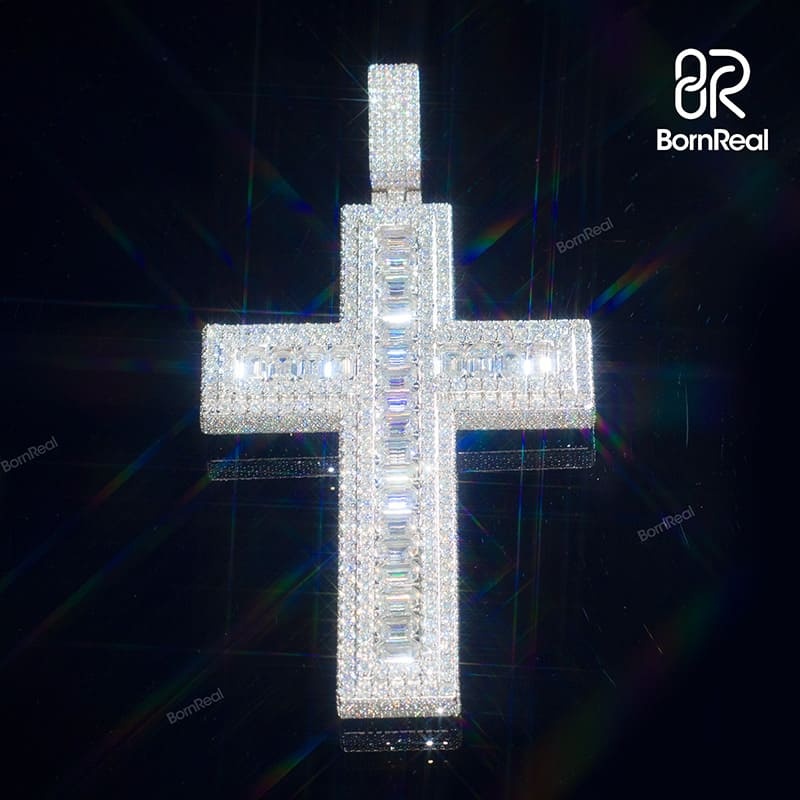Custom S925 Silver Moissanite Catholic Cross Baguette Diamond Pendant