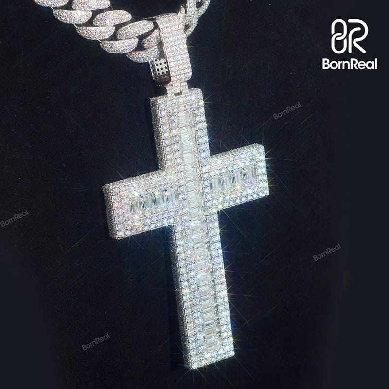 Custom S925 Silver Moissanite Catholic Cross Baguette Diamond Pendant
