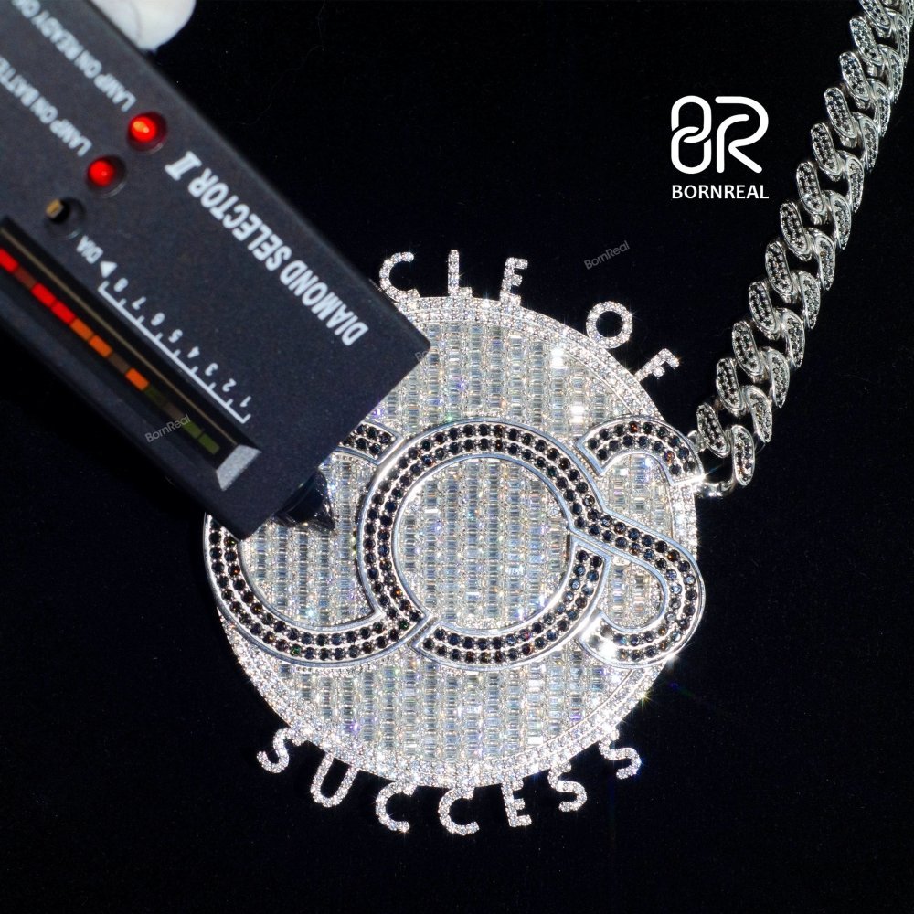 Custom Baguette Silver Moissnite Letters Chain Disc Big Round Hip Hop Logo Pendant