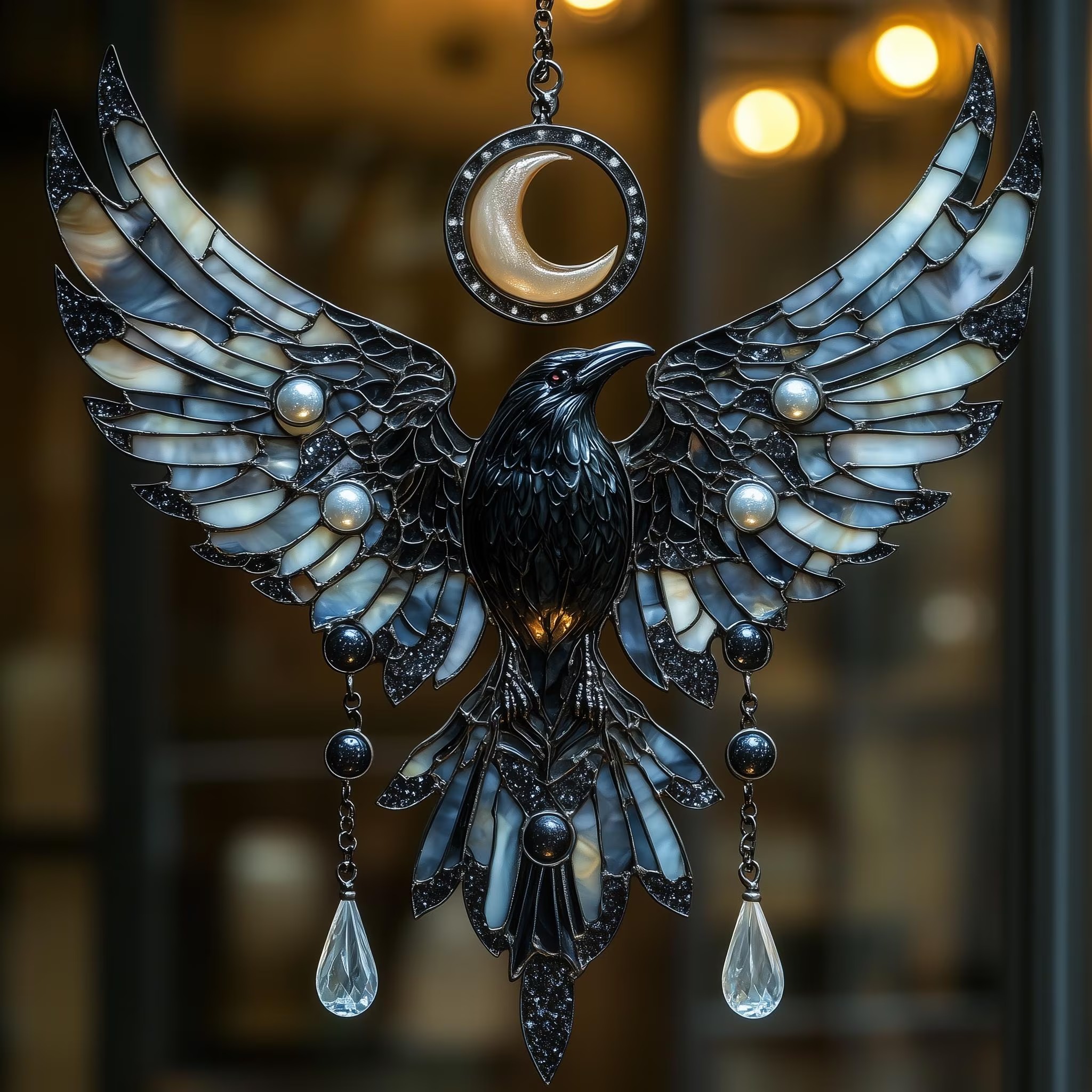 Crescent Moon Raven Acrylic Suncatcher