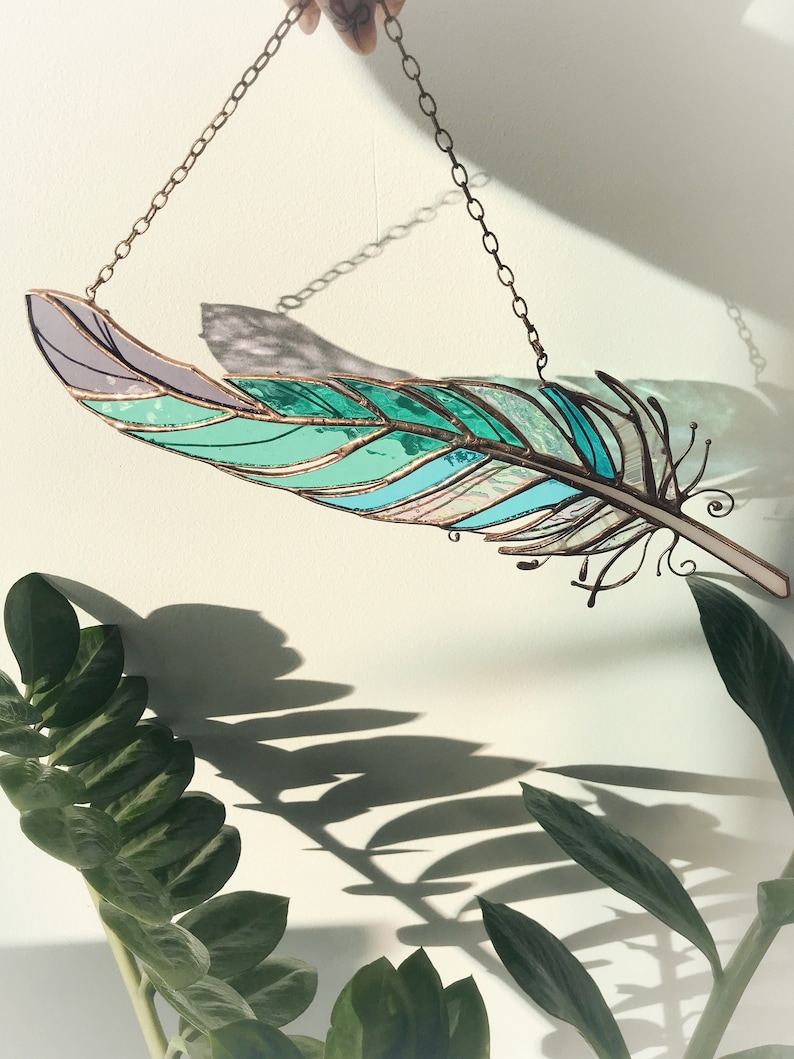 Feathers Stained Glass Green Suncatcher Home Decor