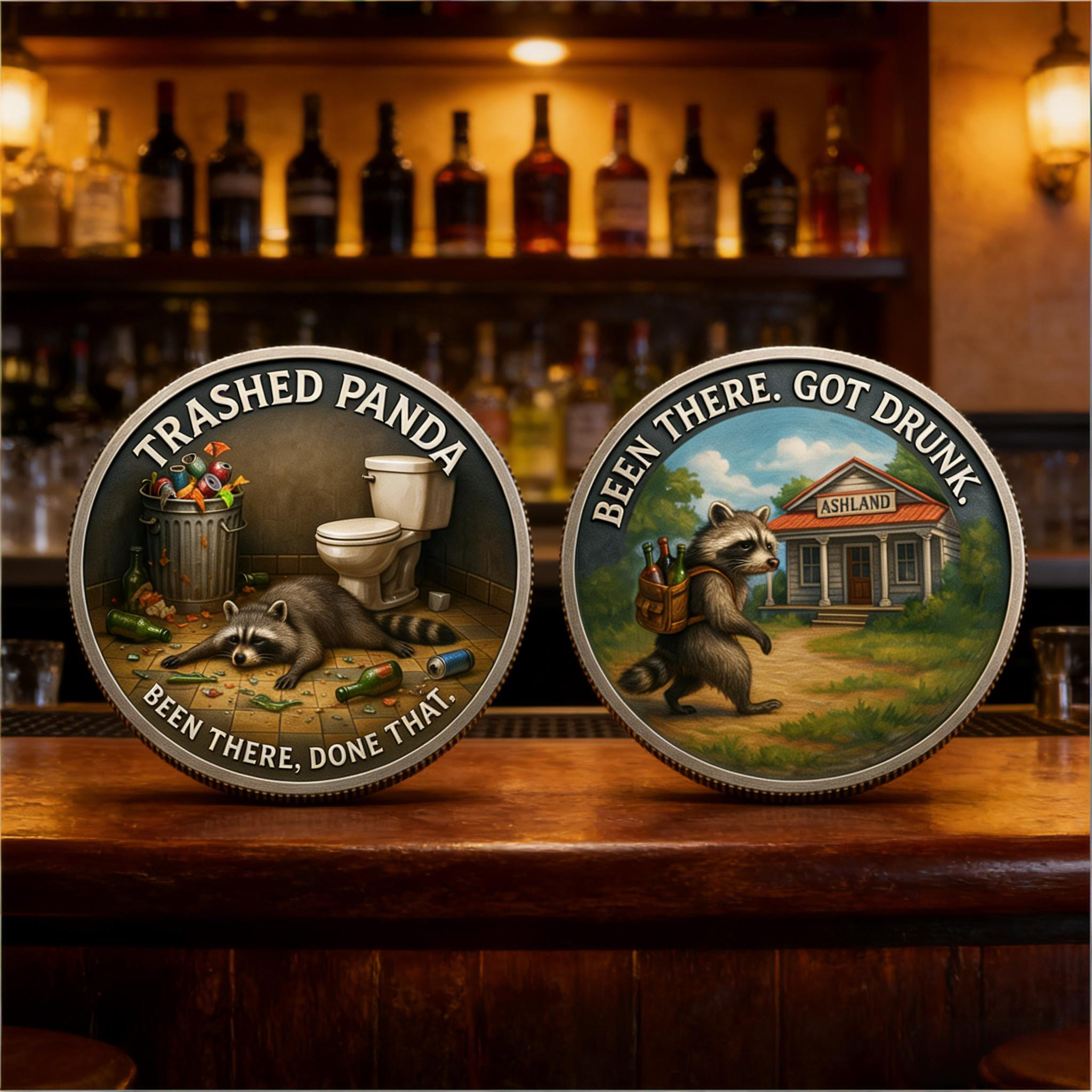 Funny Drunk Raccoon Challenge Coin