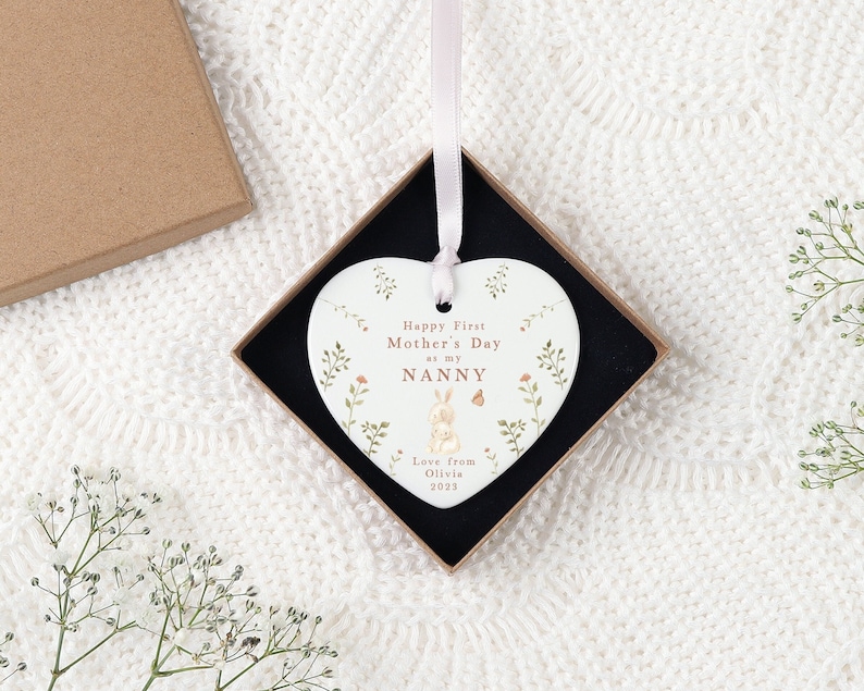 First Mothers Day Nana Gift Personalised First Mother's Day Ceramic Heart or Disc with Giftbox for New Nana Nanna Nanny Nan Bunnies