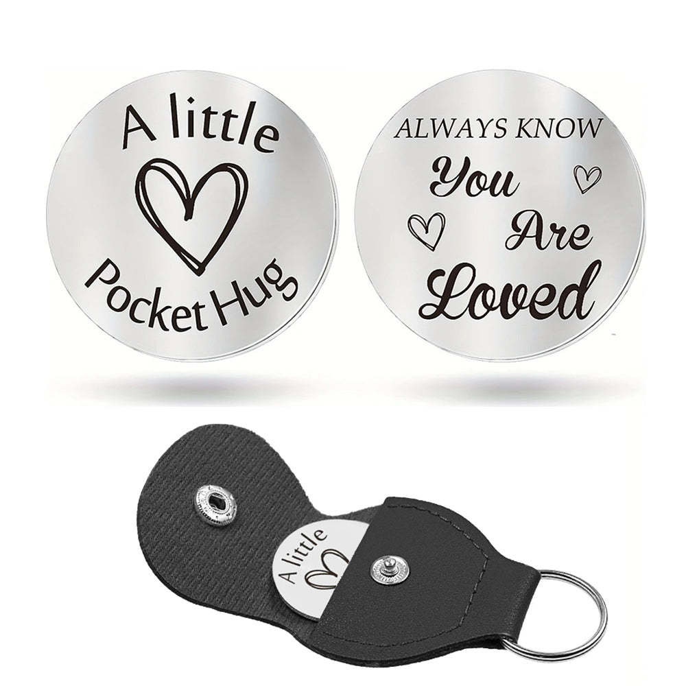 Double Sided Engraved Pocket Hug Token with Leather