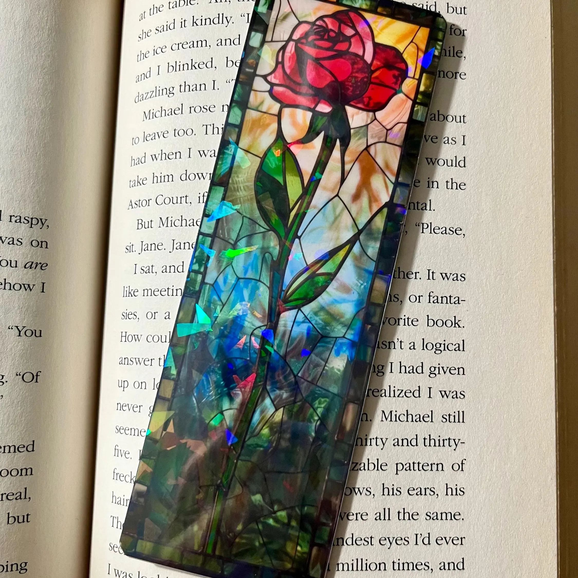 🌸 Holographic Stained Glass Rose Bookmarks 🌹
