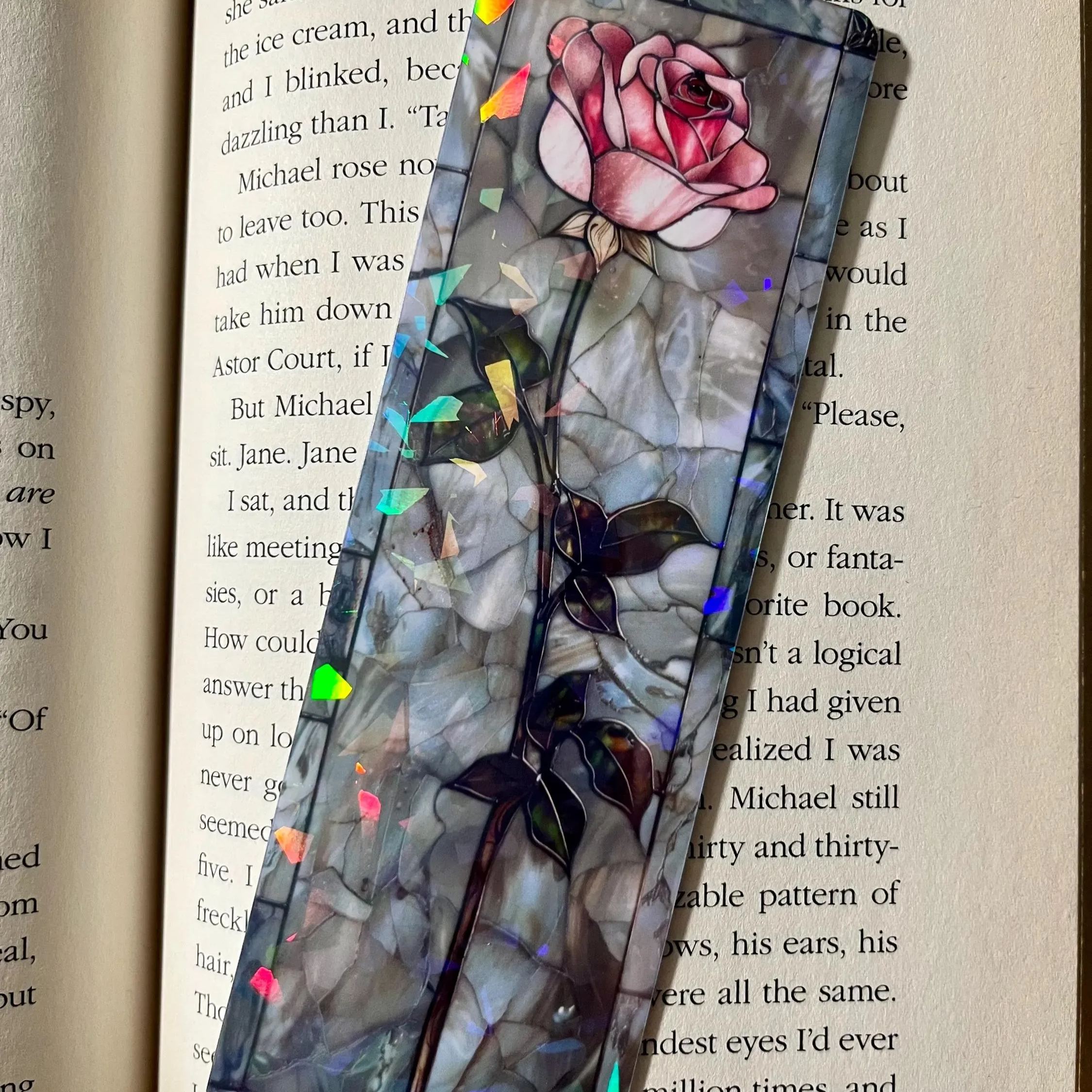 🌸 Holographic Stained Glass Rose Bookmarks 🌹