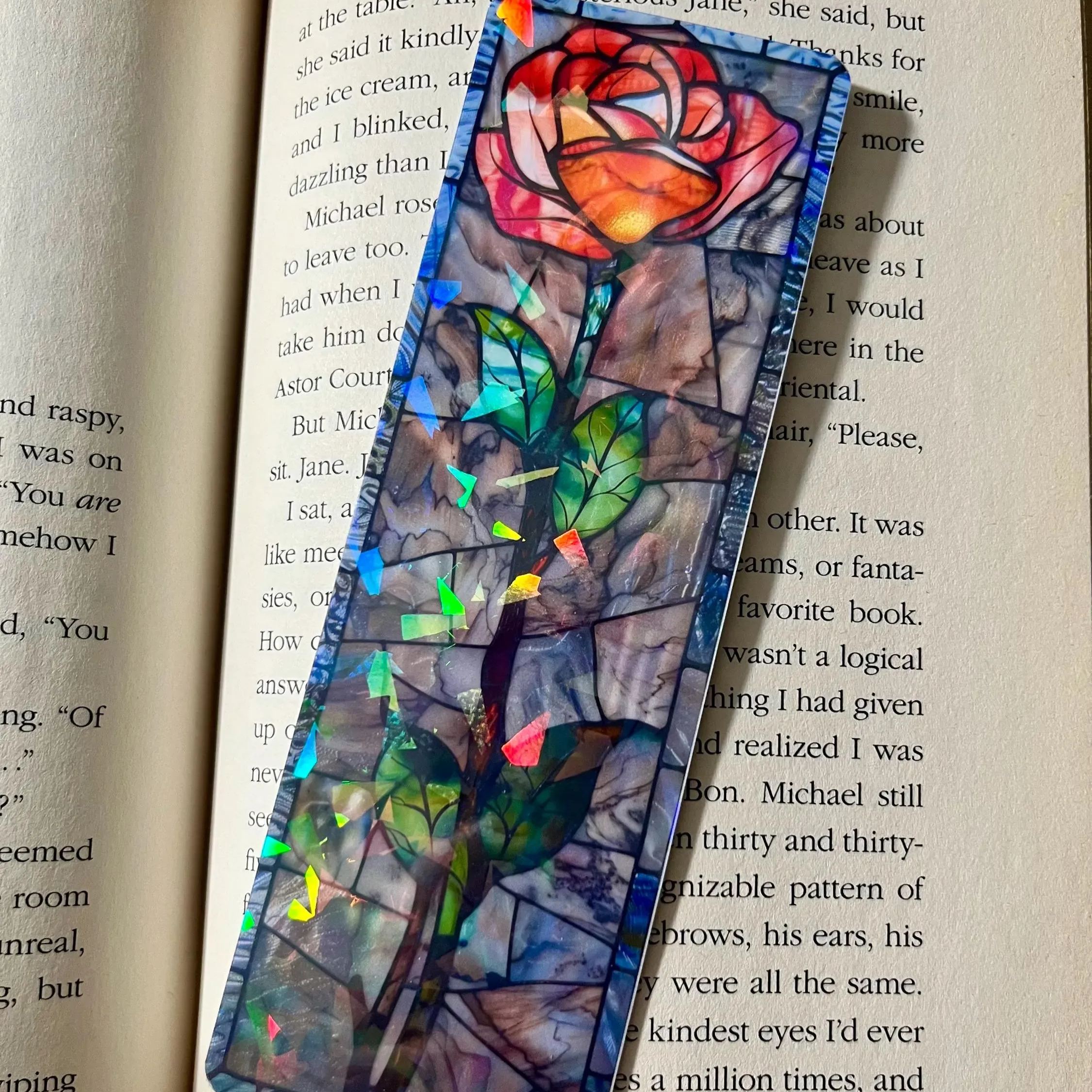 🌸 Holographic Stained Glass Rose Bookmarks 🌹
