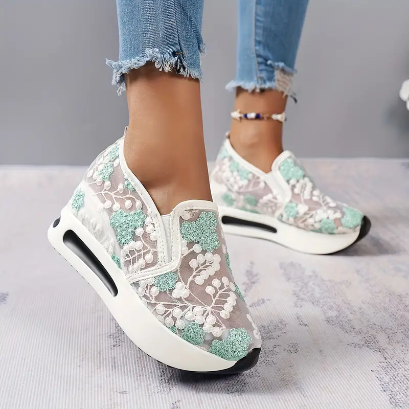 womens floral lace platform shoes casual height increasing slip on shoes versatile low top shoes 1
