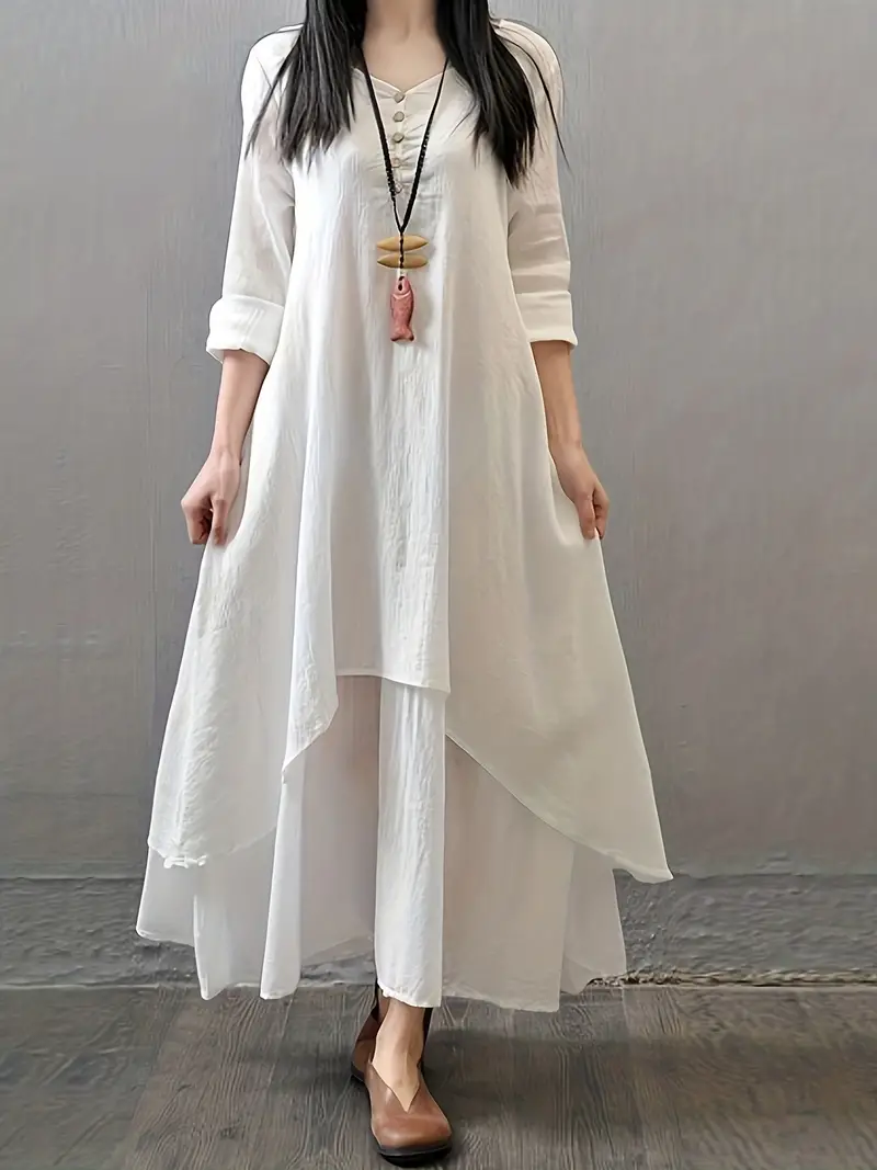 layered solid dress casual v neck long sleeve maxi dress womens clothing white 0