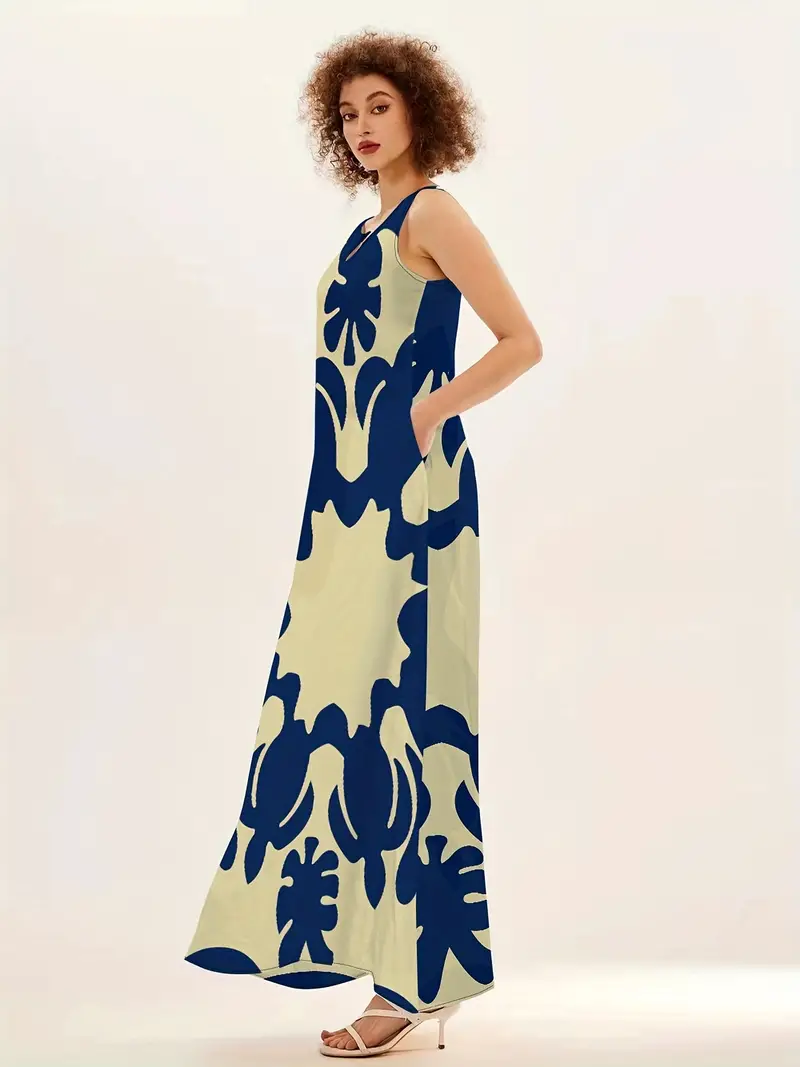 graphic print v neck maxi dress boho sleeveless tank dress for spring summer womens clothing blue 2