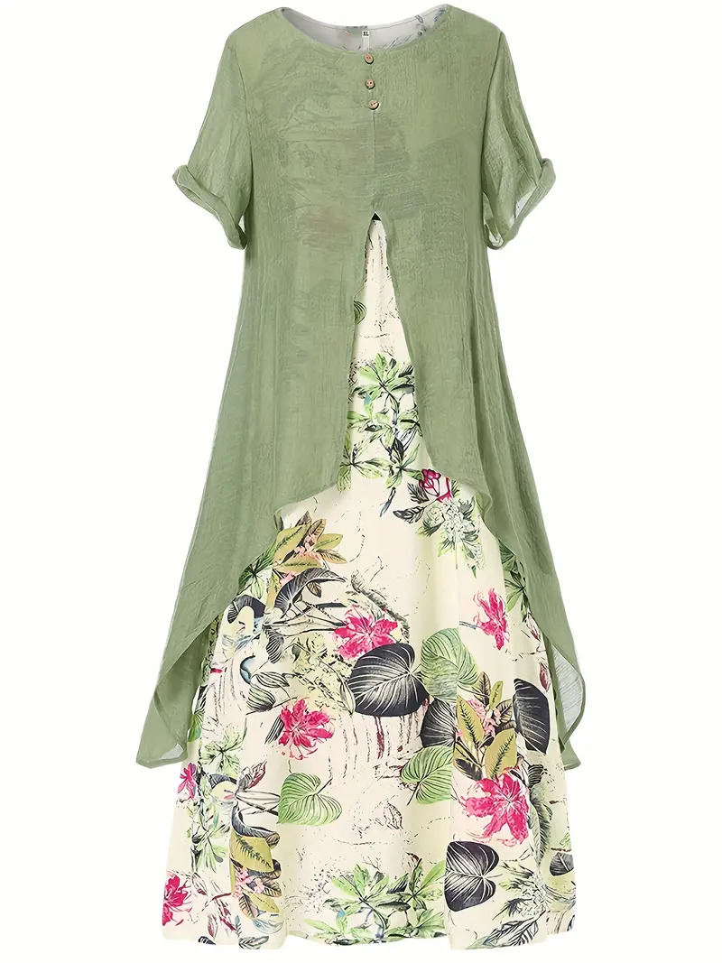 Stylish summer women's wear: asymmetrical print, crew neck, short sleeve, casual