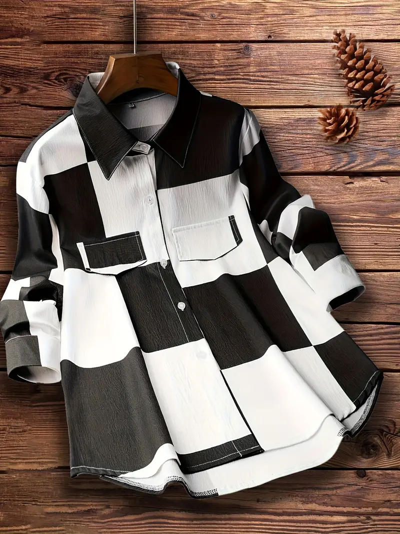 Plaid printed button-down front shirt, casual long-sleeved lapel shirt, women's dress
