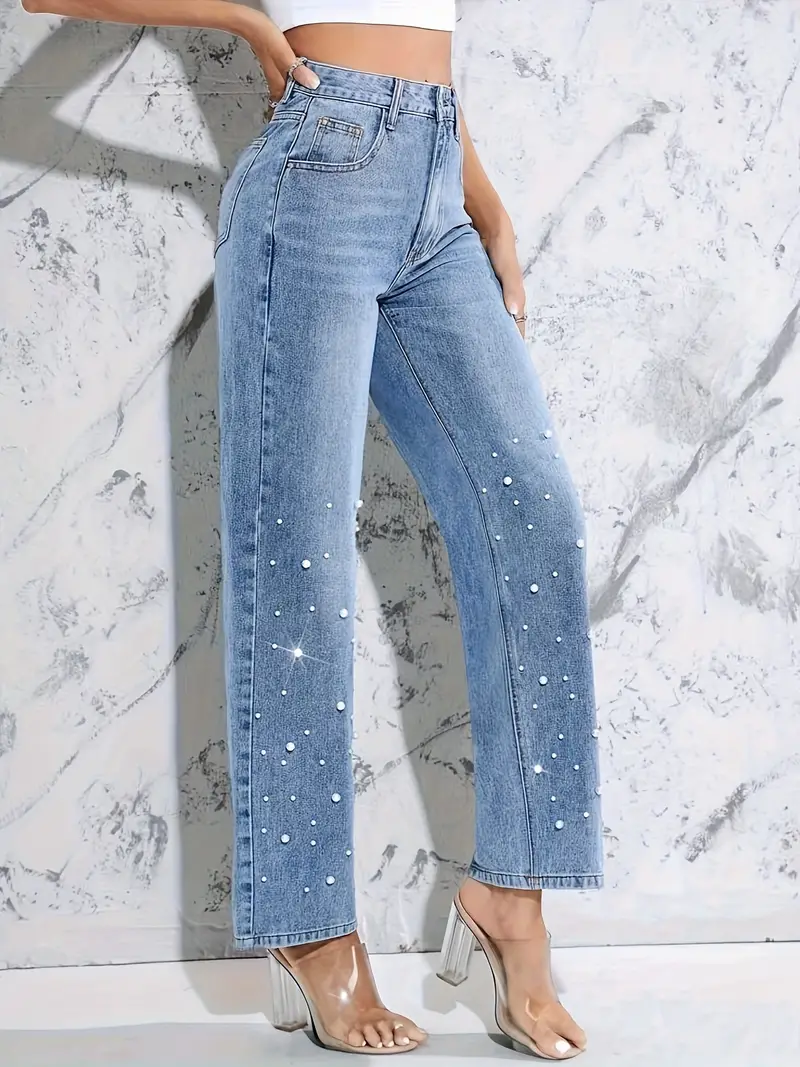 All Season Fashion Women's straight leg jeans - comfortable fit, pearl detail