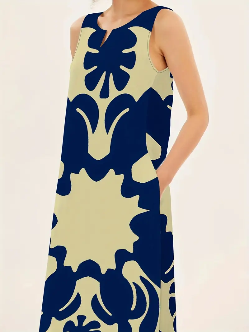 V-neck print dress, women's casual sleeveless design, ideal for spring and summer, chic and stylish pocket details