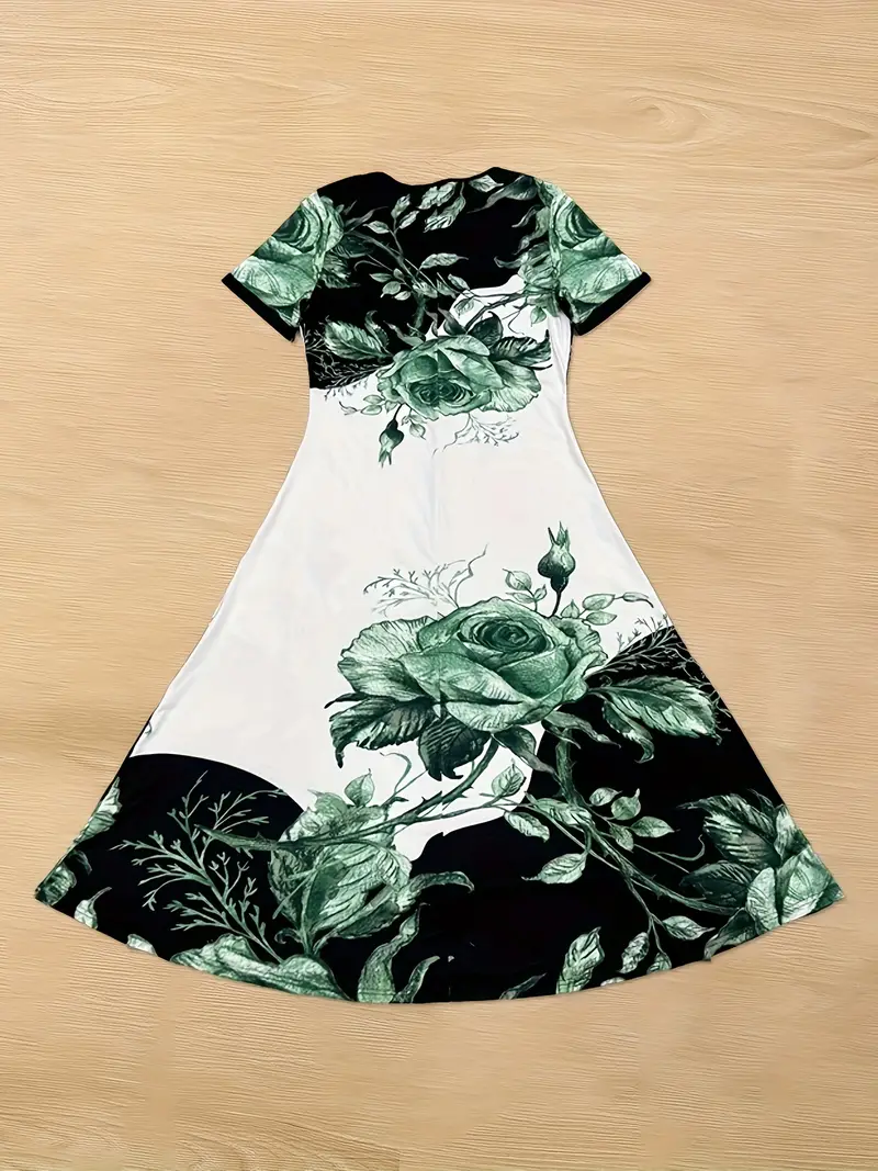 Floral V-neck Women's long dress - elegant summer chic, short sleeves, comfortable and sexy style, soft stretch fabric