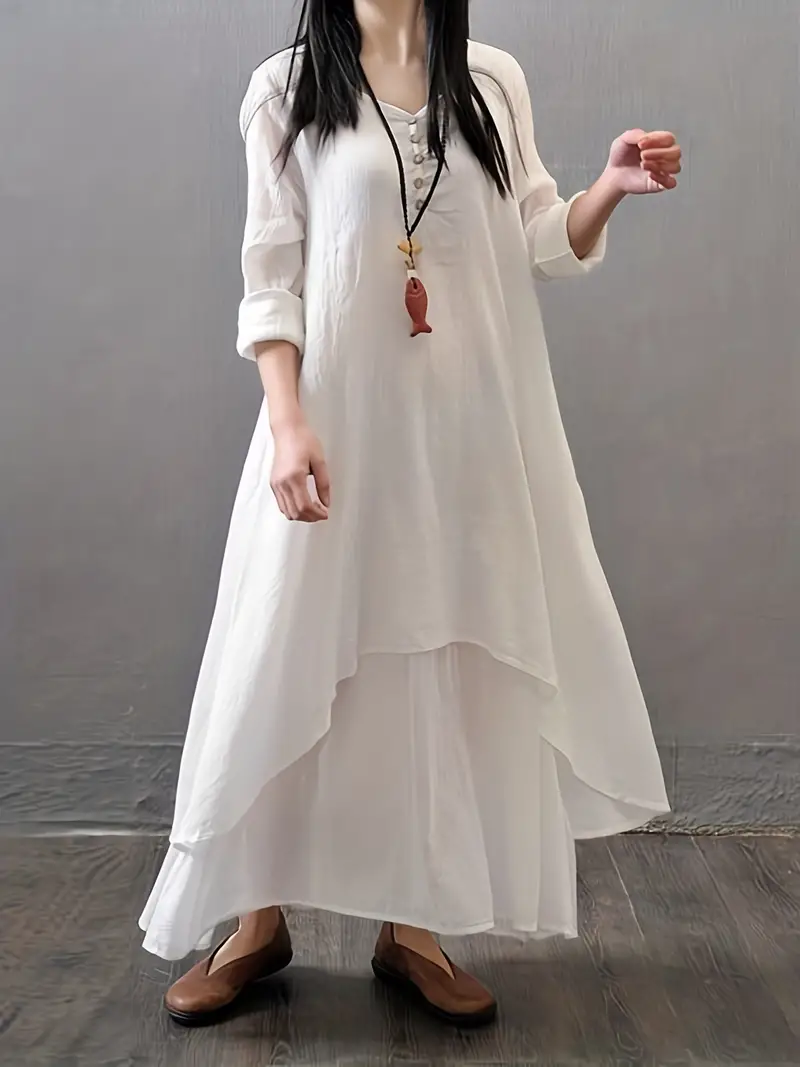 Women's layered solid dress, casual V-neck long sleeve floor-length dress