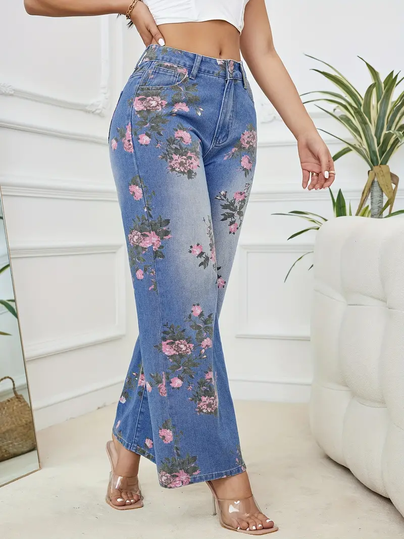 Vintage floral wide-leg jeans - easy to care for, all season comfortable