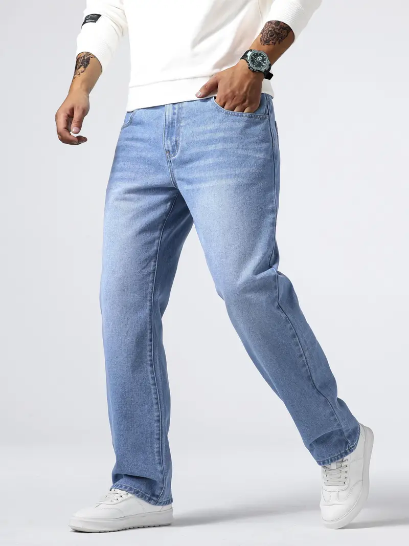 Men's cotton jeans - casual style with flying buttons and classic wash details