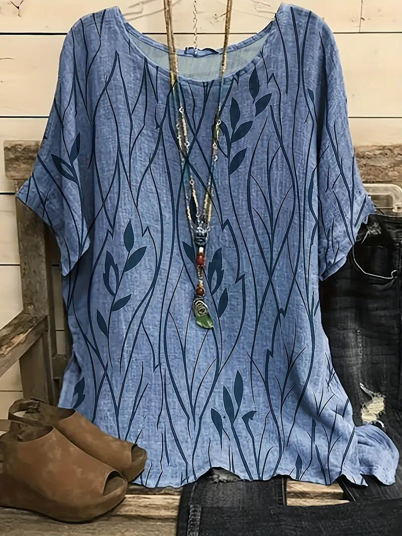 Floral T-shirt for women - stretch knitted fabric, unique casual design, comfortable and easy to clean