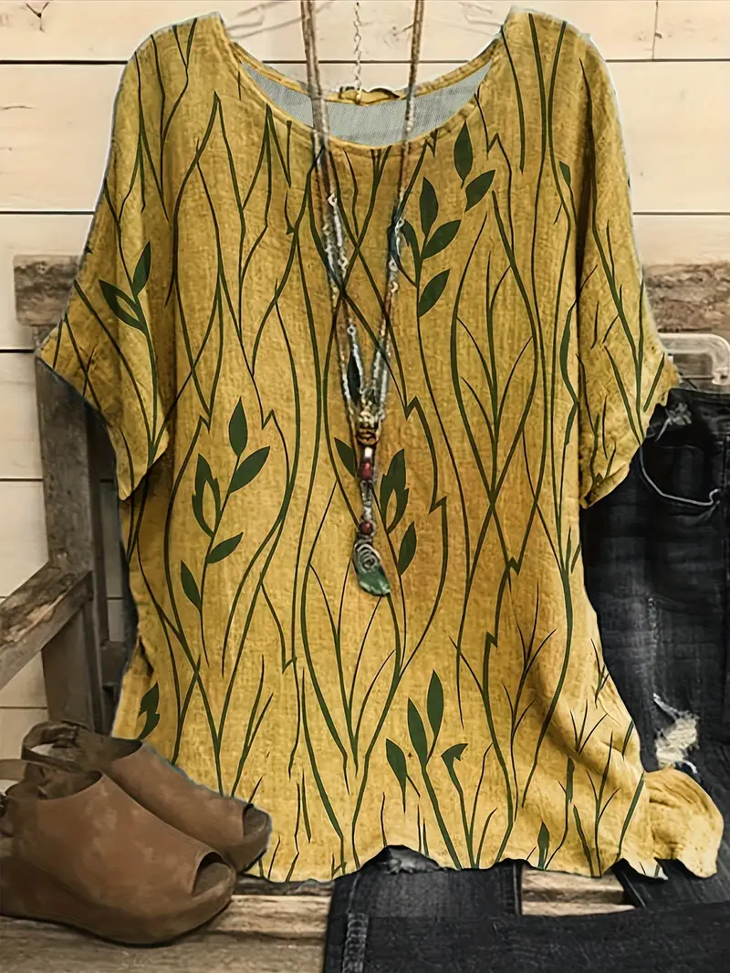 Floral T-shirt for women - stretch knitted fabric, unique casual design, comfortable and easy to clean