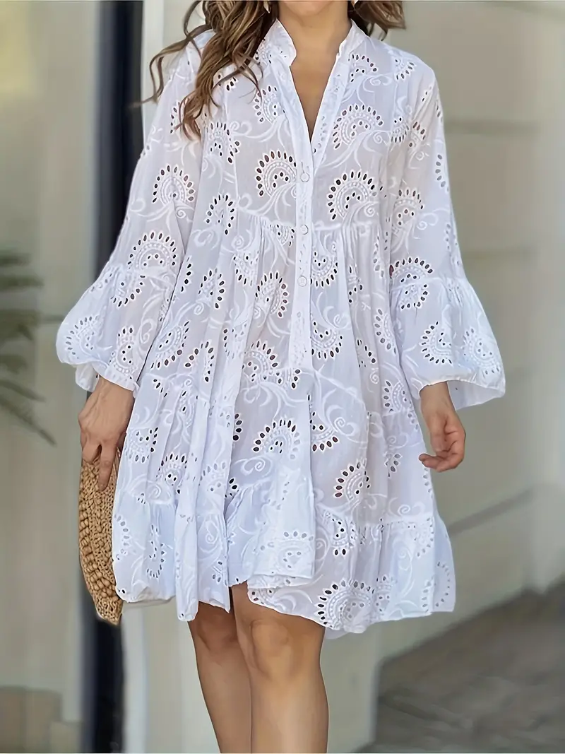 hollow ruffle hem dress elegant solid v neck flared sleeve dress womens clothing white 0