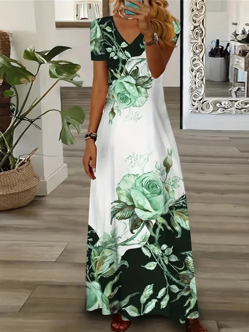 floral print maxi dress elegant v neck short sleeve summer dress womens clothing green 0