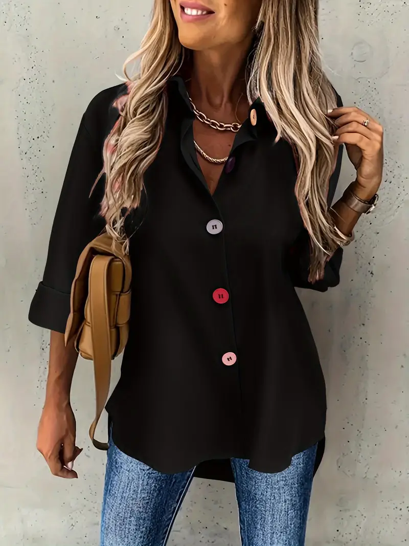 colorful button front simple shirt versatile long sleeve shirt for spring fall womens clothing black 0