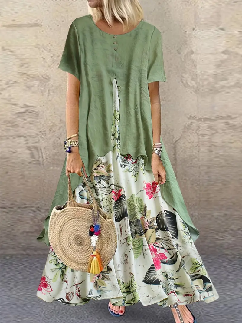casual asymmetrical floral print dress crew neck short sleeve dress casual every day dress womens clothing green 2