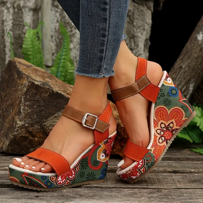 womens floral print wedge sandals colorful open toe buckle strap heels fashionable slingback platform sandals 5
