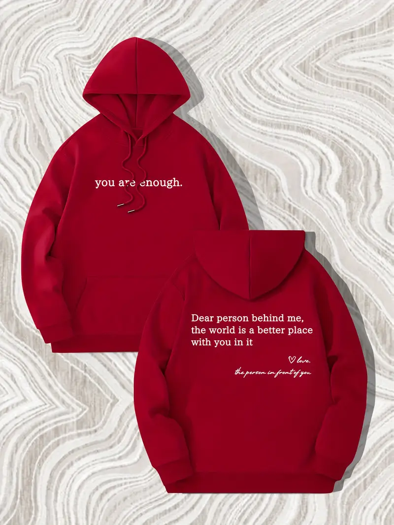 you are enough print mens pullover round neck long sleeve hooded sweatshirt pattern loose casual top for autumn winter mens clothing as gifts red 0
