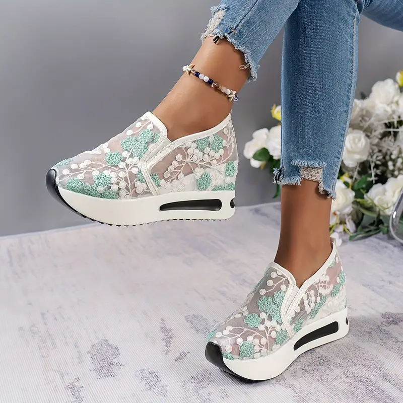womens floral lace platform shoes casual height increasing slip on shoes versatile low top shoes 2