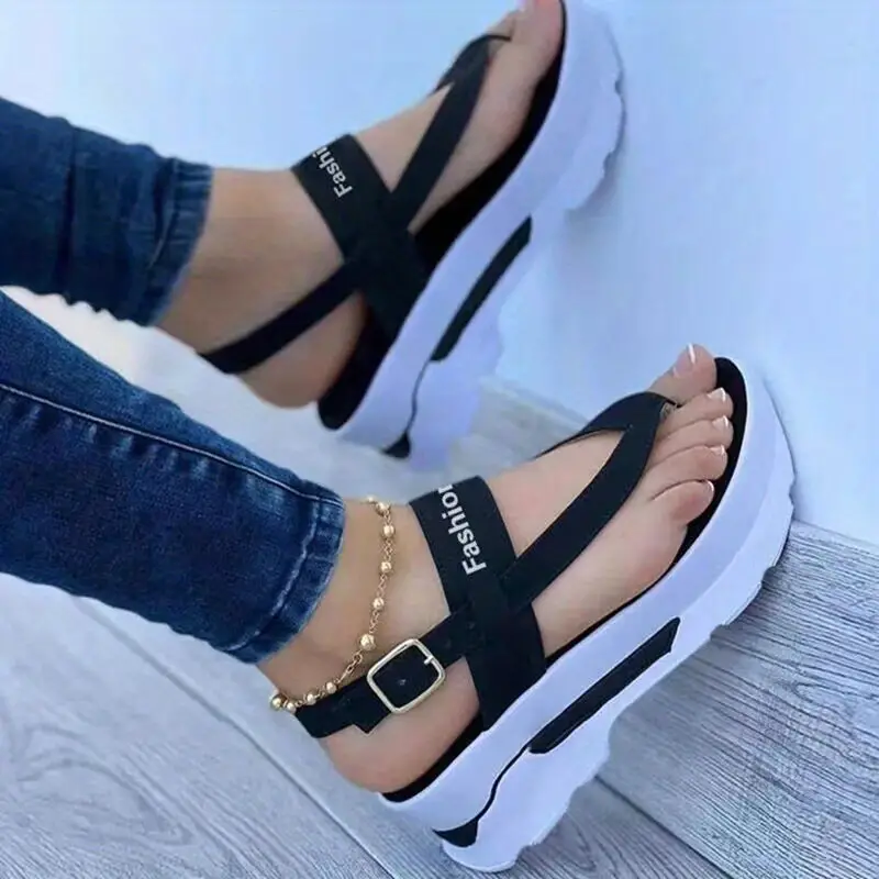 womens platform thong sandals solid color letter buckle strap slingback shoes outdoor summer sandals 35 black 10