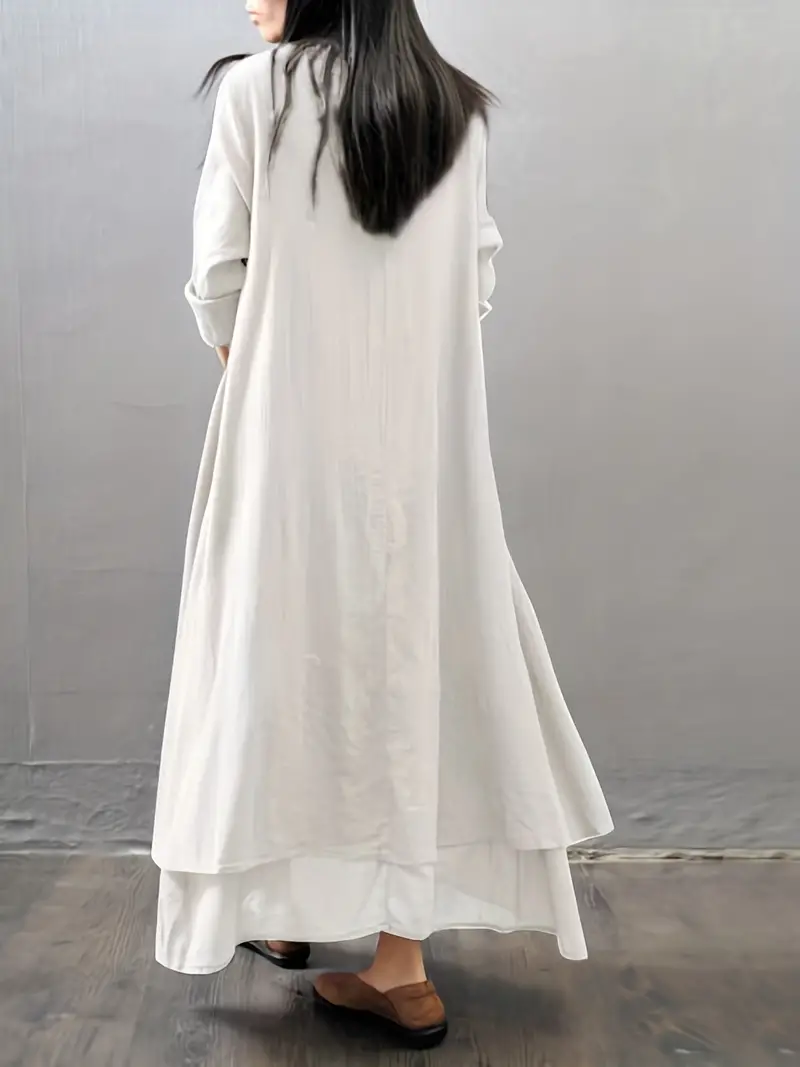 layered solid dress casual v neck long sleeve maxi dress womens clothing white 1