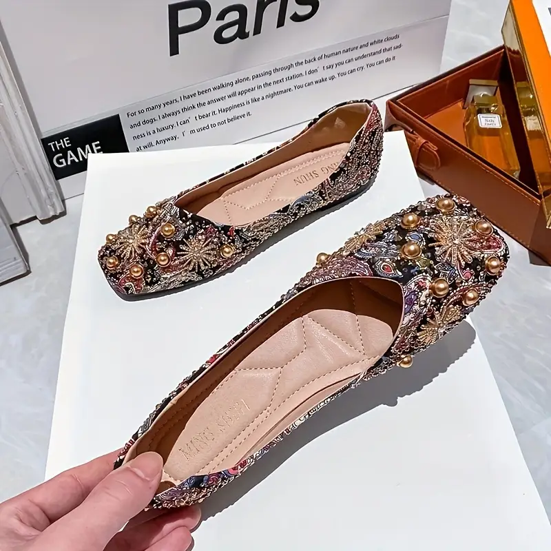 womens studded flat shoes tribal style square toe slip on soft sole shoes comfy ballet flats 2